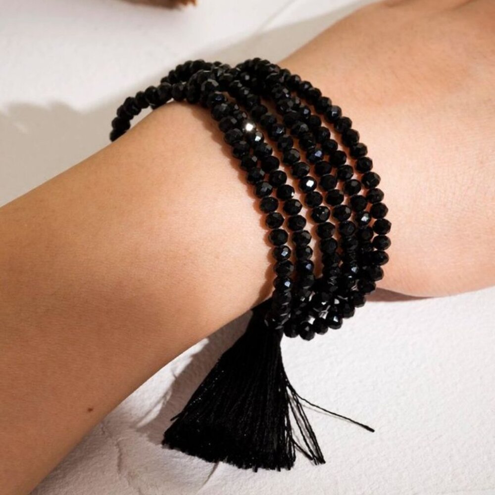 Stunning Black Beaded Bracelet with Tassel, Fully Adjustable, Super Sparkly, NWT